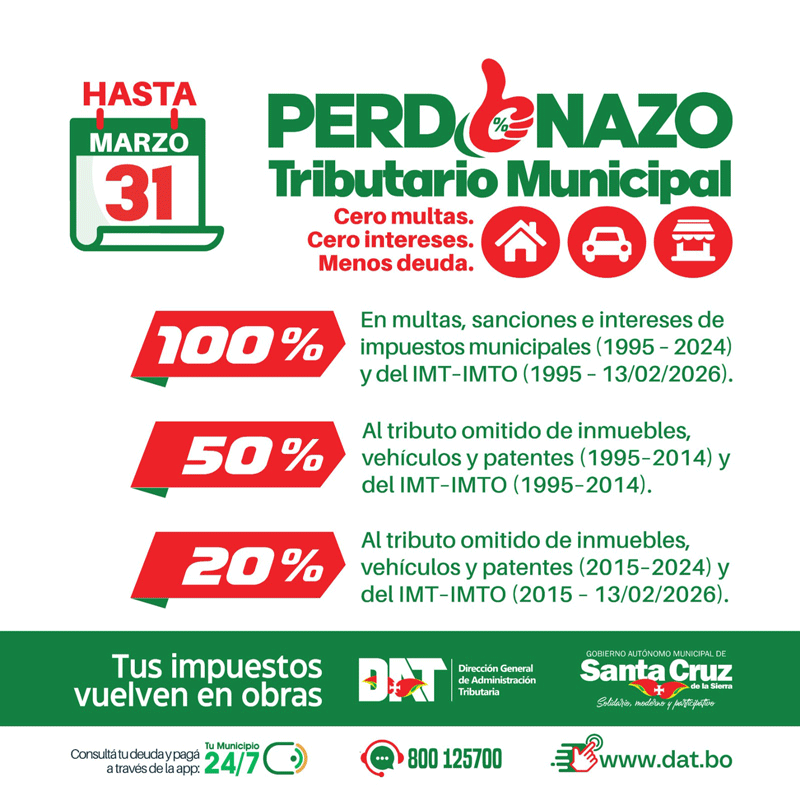 GOBIERNO MUNICIPAL ACTIVA EL “PERDONAZO TRIBUTARIO MUNICIPAL”  CON 100% DE DESCUENTO EN MULTAS E INTERESES