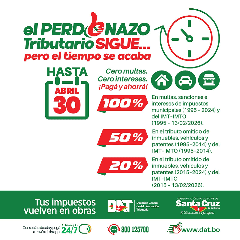 AMPLÍAN EL PERDONAZO TRIBUTARIO HASTA EL 30 DE ABRIL: CONTRIBUYENTES PODRÁN PAGAR SIN MULTAS NI INTERESES
